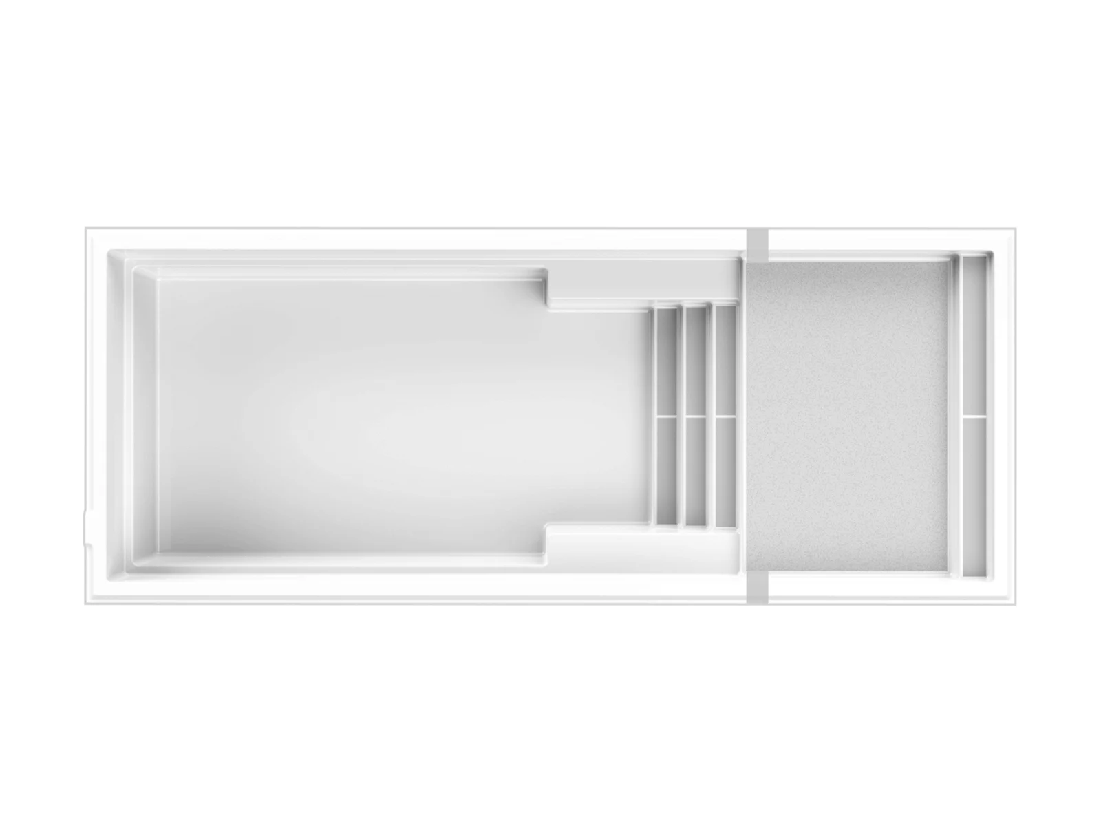 Piscine creusée en fibre de verre Mova, modèle 12x30 - Avec terrasse, vue avec terrasse immergée