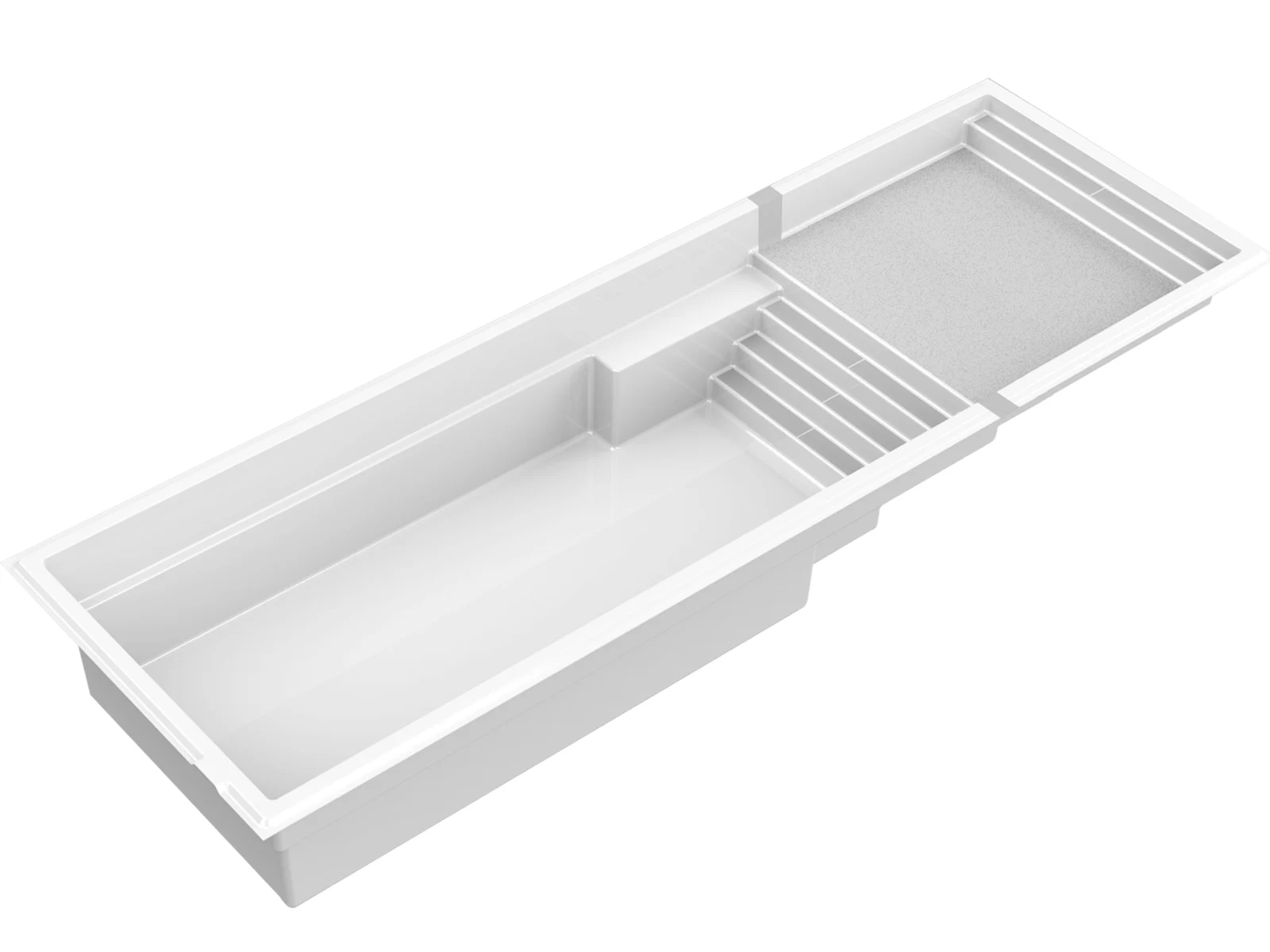 Piscine creusée en fibre de verre Mova, modèle 12x37 - Avec terrasse, vue avec terrasse immergée