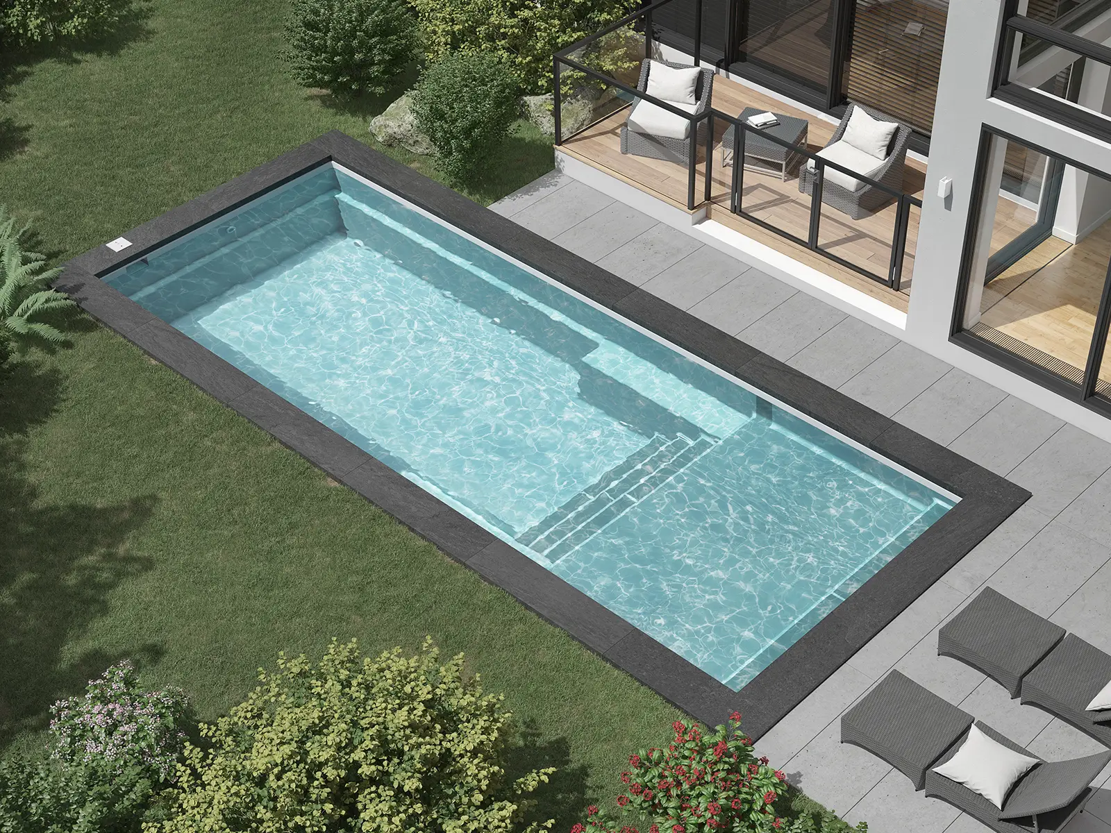 Piscine creusée en fibre de verre Mova, modèle 12x30 - Avec terrasse, finition Diamant couleur Mova