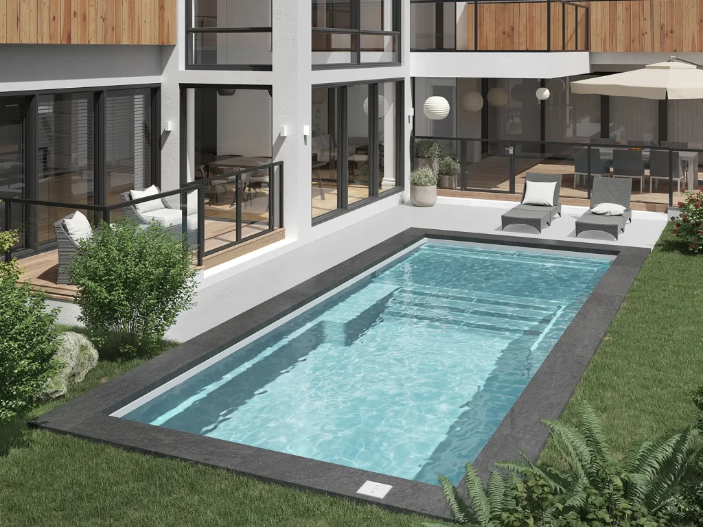 Piscine creusée en fibre de verre Mova, modèle 12x30 - Avec terrasse, finition Diamant couleur Mova