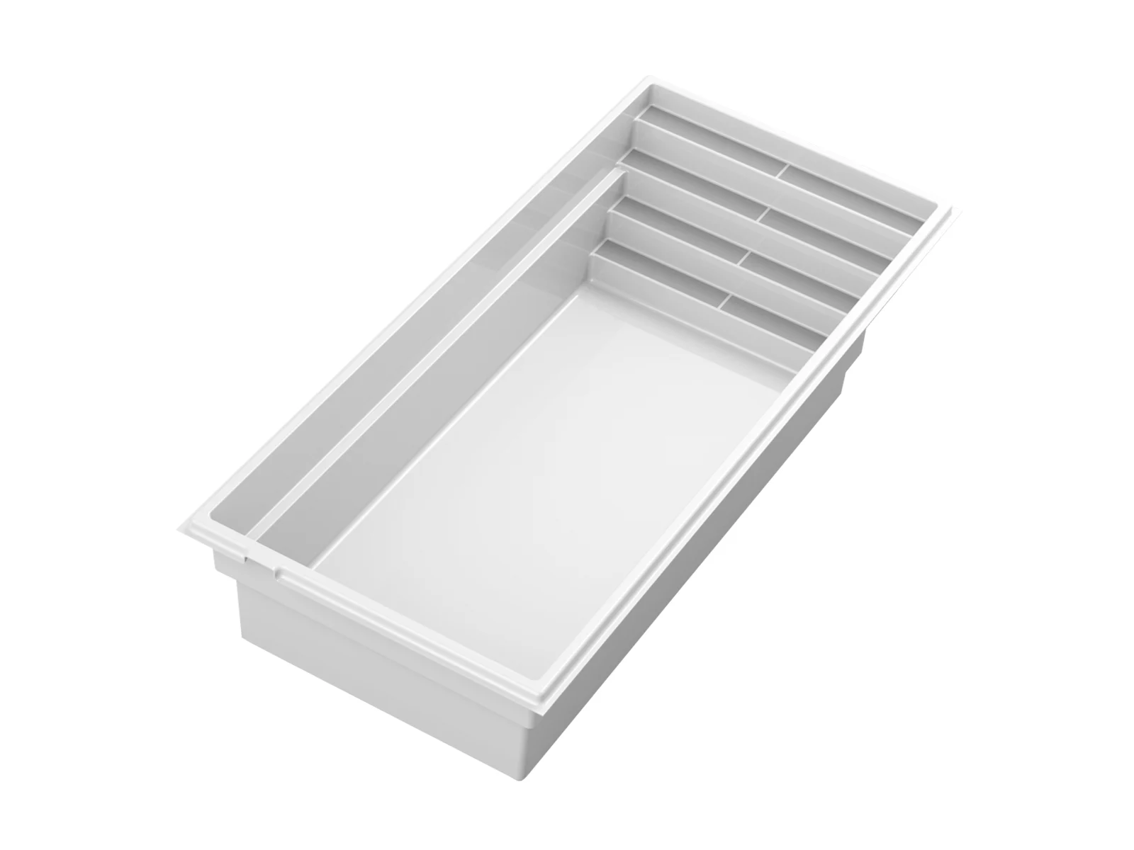 Piscine creusée en fibre de verre Mova, modèle 11x23, vue d’angle