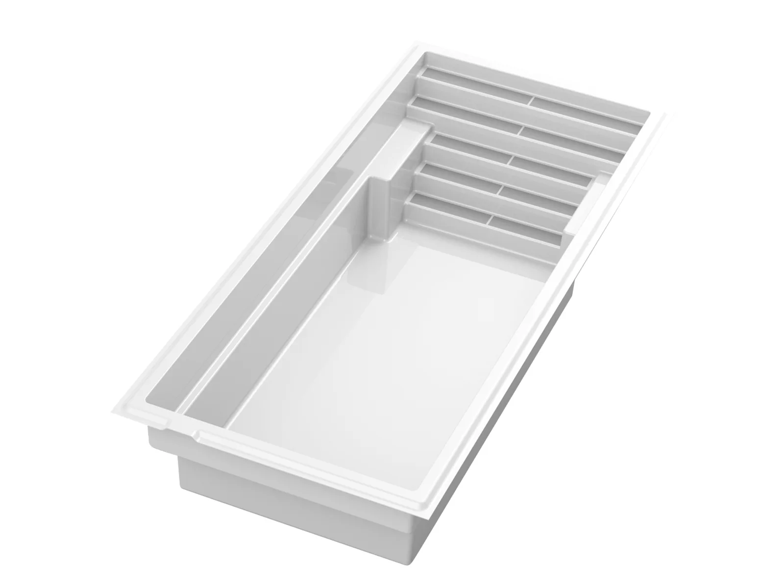 Piscine creusée en fibre de verre Mova, modèle 11x25, vue d’angle