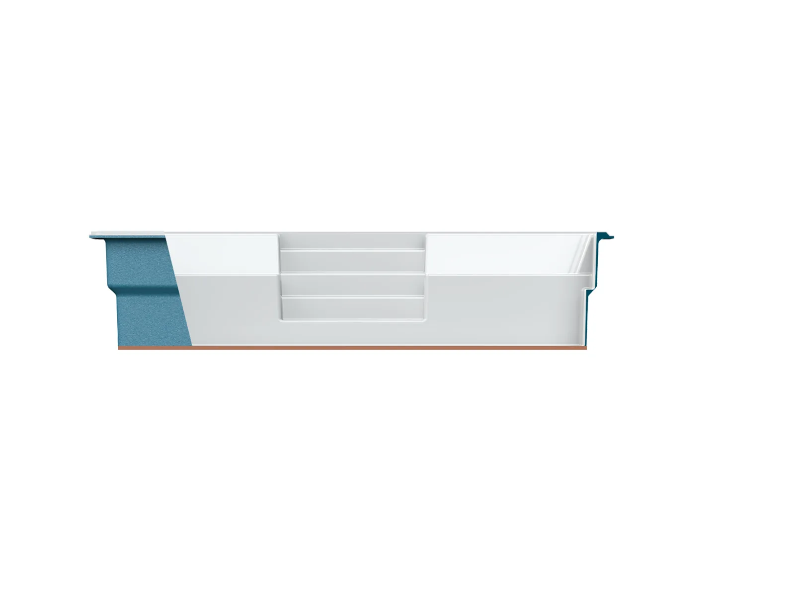 Piscine creusée en fibre de verre Mova, modèle 12x22, vue de côté