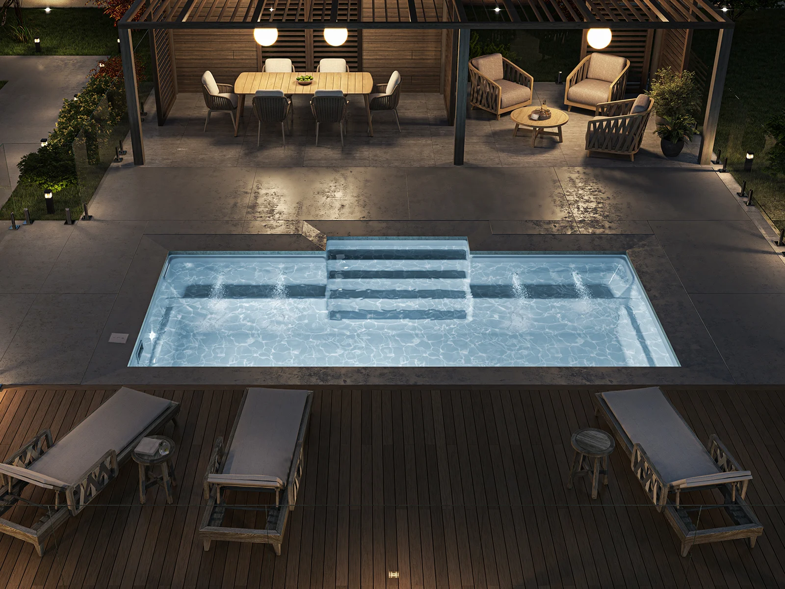 Piscine creusée en fibre de verre Mova, modèle 12x22, finition Diamant couleur Mova