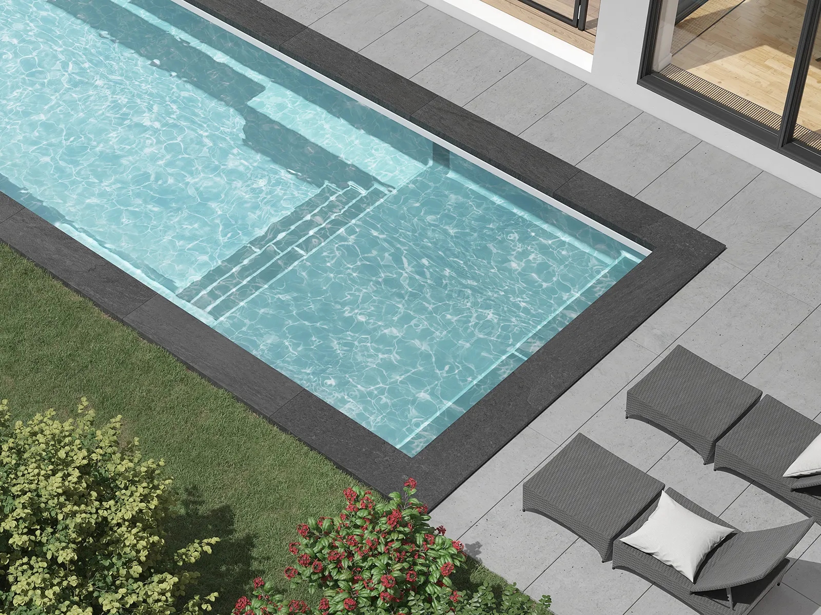 Piscine creusée en fibre de verre Mova, modèle 12x25 - Avec terrasse, finition Diamant couleur Mova