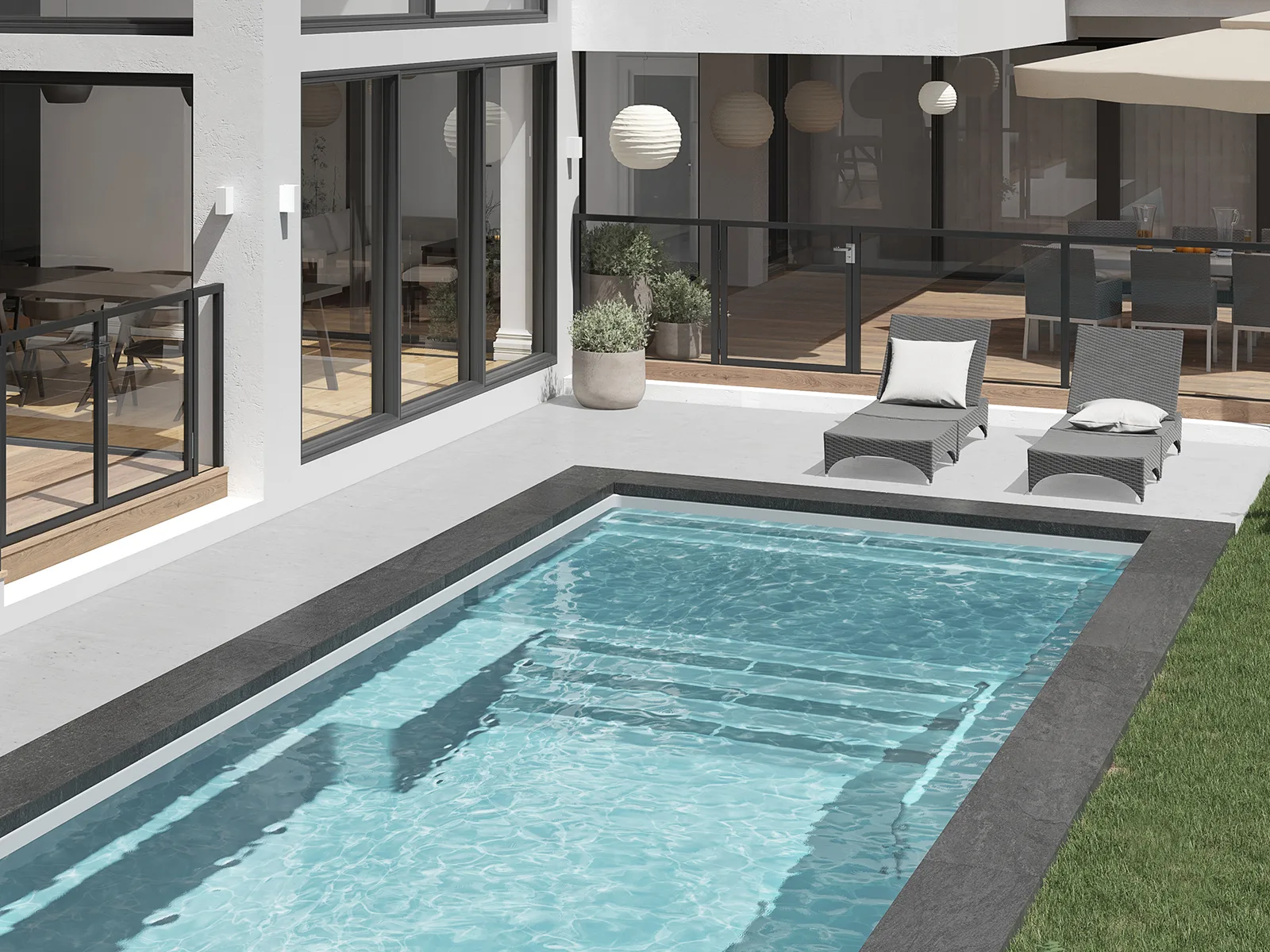Piscine creusée en fibre de verre Mova, modèle 12x25 - Avec terrasse, finition Diamant couleur Mova