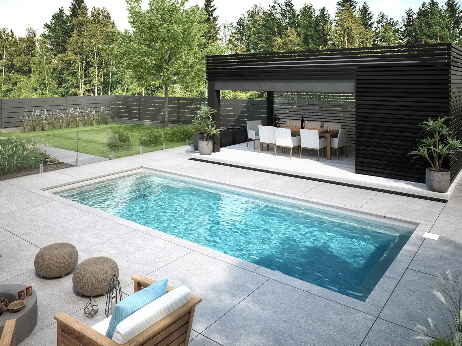 Piscine creusée en fibre de verre Mova, modèle 11x25, finition Diamant couleur Mova